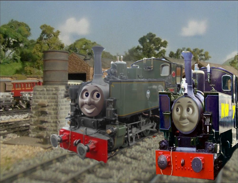 Tom Rolt, but in the model era, he has Oliver's face and next to him is a second Tom Rolt, but purple and with Thomas' face to resemble Ivo Hugh 