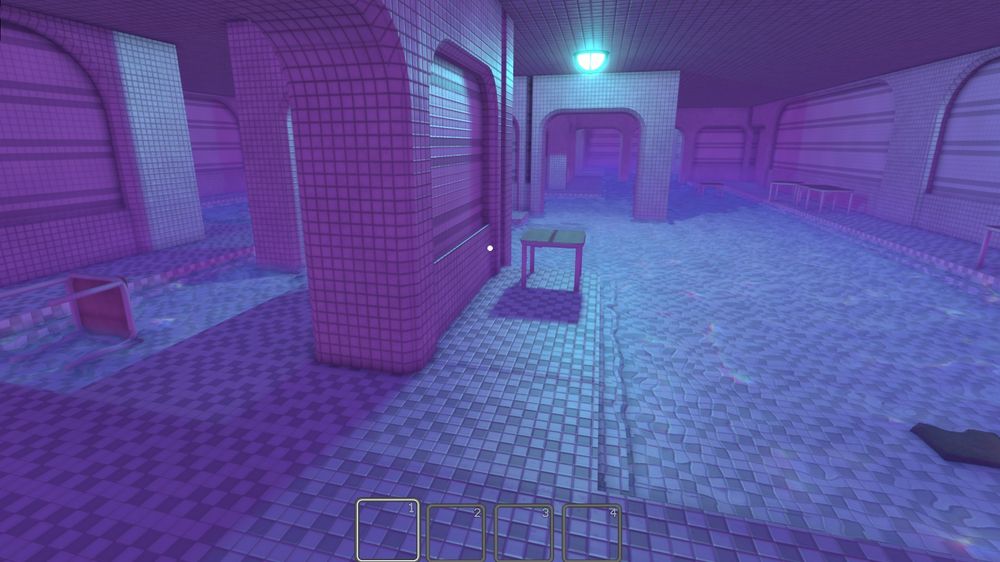 A first-person view of a poolrooms-like area.