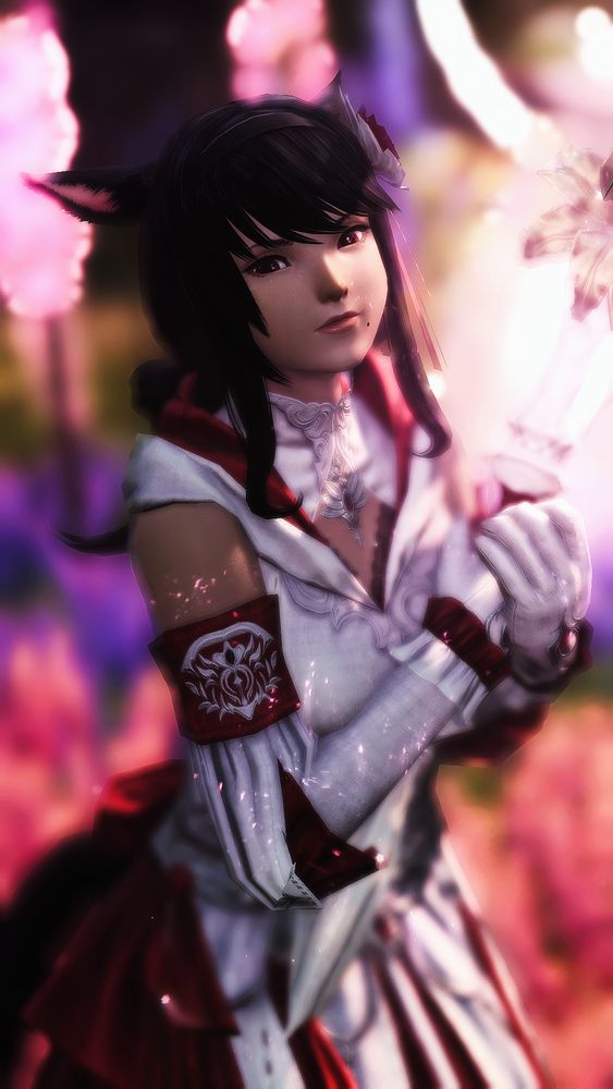 White Mage Miqo'te holding a staff in a field of flowers. (zoomed in)
