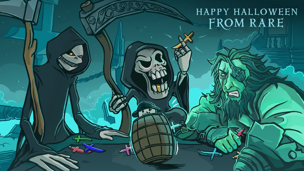 The lanky Grim Reaper from Grabbed by the Ghoulies, Gregg the Grim Reaper from Conker's Bad Fur Day and the surly 'Ferryman' from Sea of Thieves sit around a table enjoying sticking small colourful swords into a barrel, from which the legally-distinct head of a bowler hat wearing character can be seen. Text reads: "Happy Halloween from Rare".