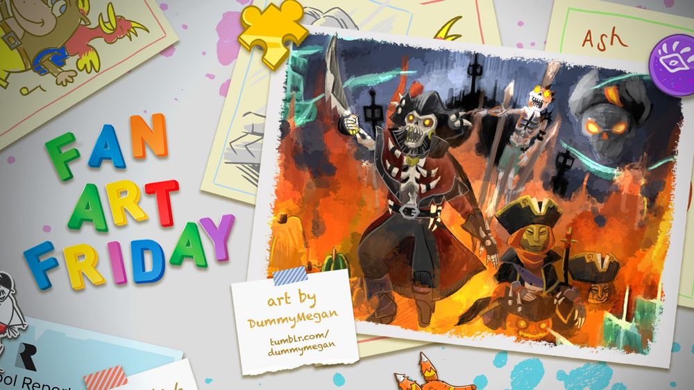 A cartoon fridge door with Fan Art Friday in colourful magnets. A framed piece of art on the right shows a fire-filled image where an angry skeletal pirate dressed in red and black leads some sort of attack. Behind the crew, a skull-shaped cloud with fiery eyes hangs in the sky. Text reads: Art by DummyMegan, tumblr.com/dummymegan.