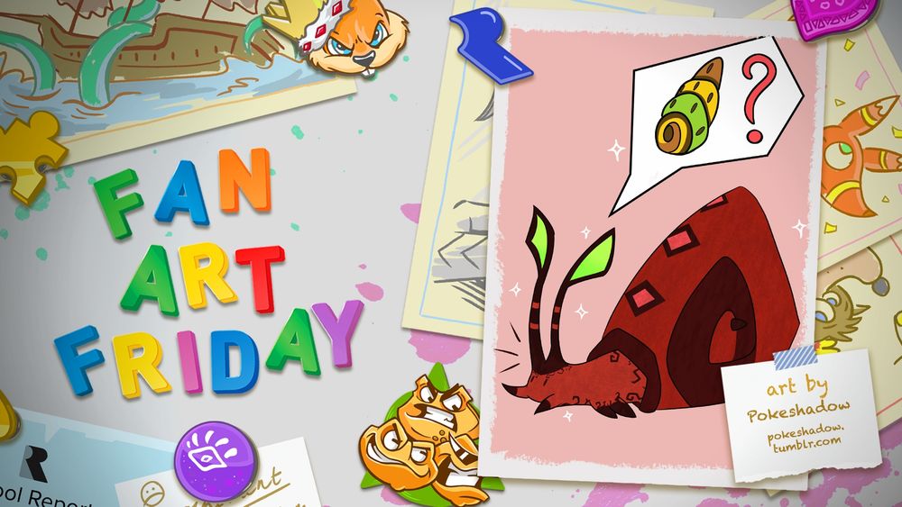 A cartoon fridge door with Fan Art Friday in colourful magnets. A framed piece of art sits on the right showing a Sour Shellybean from Viva Piñata - a red snail-shaped piñata with angular green eyes. Text reads: Art by Pokeshadow, pokeshadow.tumblr.com.
