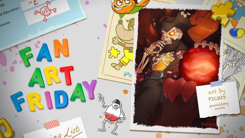 A cartoon fridge door with Fan Art Friday in colourful magnets. A framed photo on the right shows a pensive skeletal pirate with a fancy hat, looking with great interest at a cloudy red orb. One might say he's pondering it. Text reads: Art by PICOID, picoid.bsky.social‬.