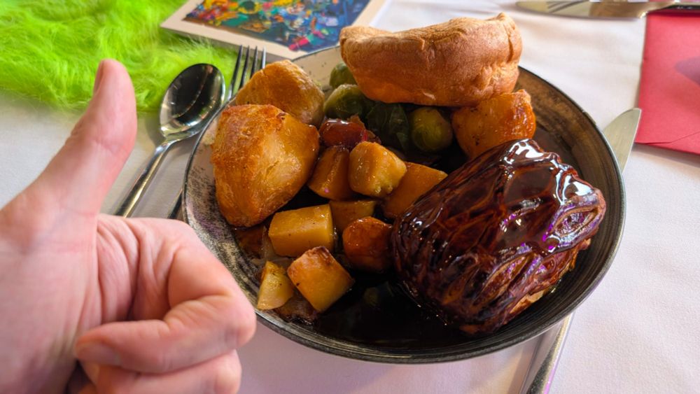 Food! On a plate! Roast potatoes and veg, a wellington and a wide Yorkshire pudding. Truly the sort of meal to put you in a two-hour coma at least.
