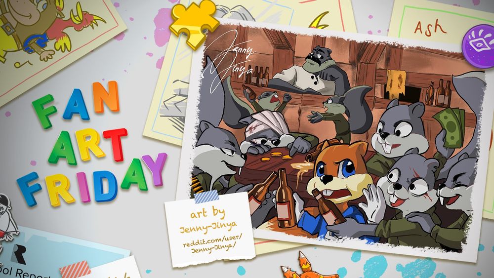 A cartoon fridge door with Fan Art Friday in colourful magnets. A framed piece of art sits on the right showing a colourful scene of many grey squirrels in army uniforms surrounding a red squirrel trying to enjoy a beer. Text reads: Art by Jenny-Jinya, reddit.com/user/Jenny-Jinya