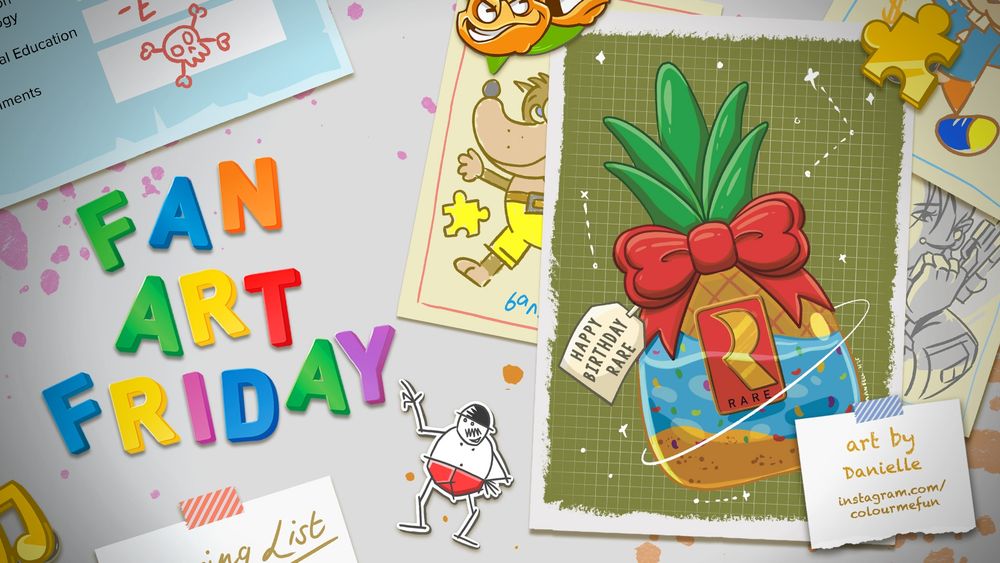 A cartoon fridge door with Fan Art Friday in colourful magnets. A framed piece of art on the right shows a pineapple with a bow on it, a sticker of the Rare Ltd logo and a tag saying "Happy Birthday Rare". Text reads: Art by Danielle, instagram.com/colourmefun.