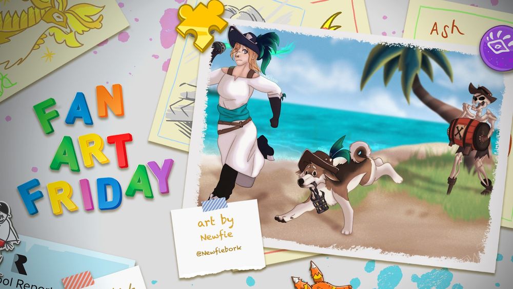 A cartoon fridge door with Fan Art Friday in colourful magnets. A piece of fan art is on the right showing a colourful scene of a pirate and her dog on a beach, running away from a skeleton with a gunpowder barrel. Words read: "Art by Newfie, @Newfiebork".