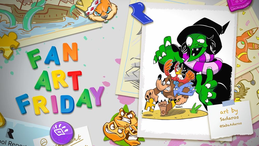A cartoon fridge door with Fan Art Friday in colourful magnets. A framed drawing on the right shows an exaggerated rendition of the green, warty witch with a purple scarf known as Gruntilda reaching after the bear and bird Banjo and Kazooie, who are also carrying a blue, sharp-nosed creature as they reach for a jigsaw piece. Text reads: Art by Sadaros, @SebaAdaros.