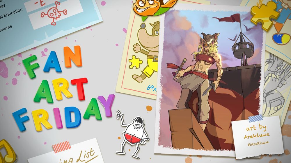 A cartoon fridge door with Fan Art Friday in colourful magnets. A framed drawing on the right features a pirate standing on the bow of their ship, spinning two daggers. They're wearing quite rugged gear, including a hat in the shape of a boar's head. The sails on the ship's mast behind them also features a boar Text reads: Art by Arekluwe, @AreKluwe.