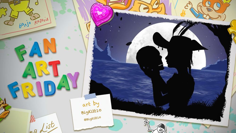 A cartoon fridge door with Fan Art Friday in colourful magnets. A framed piece of art sits on the right showingsihouette of a pirate, cast by the moon. They're holding a skull up to their face in what appears to be a mournful gesture. Text reads: Art by BigKitt10, @BigKitt10.
