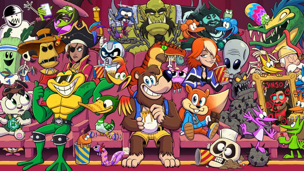 Theatre seating contains a range of characters from Rare games, including Banjo and Kazooie, Conker, Rash from Battletoads, Mr. Pants, Joanna Dark and Elvis from Perfect Dark, Lesedi from Sea of Thieves, Mr. Ribs from Grabbed by the Ghoulies and various Piñatas from Viva Piñata. Some are just sat smiling, while others are getting up to mischief.
