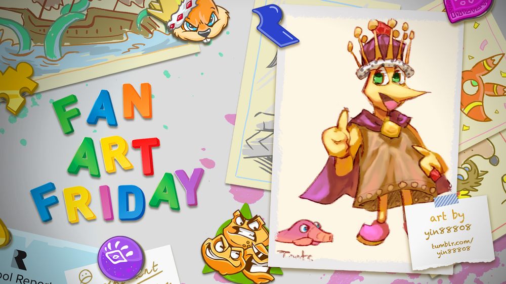 A cartoon fridge door with Fan Art Friday in colourful magnets. A framed piece of art on the right shows King Jingaling, a large, yellow, sharp-nosed character in a brown robe, purple cape and crown from Banjo-Tooie. Text reads: Art by Yin88808, tumblr.com/yin88808.