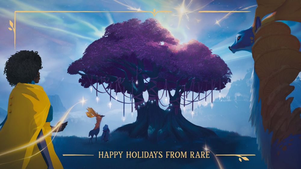 A character in a yellow cloak stands near a deer-like creature. They're both looking towards a tree decorated in lights, where another creature and character stand. Strands of light are seemingly moving towards or away from the tree. Words read "Happy Holidays from Rare".