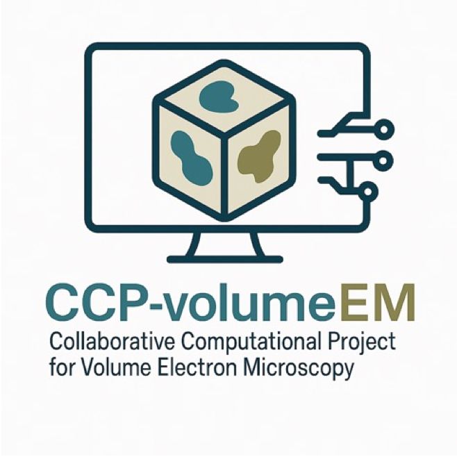 A logo showing a stylised computer monitor, with a cube in the style of a volume electron microscopy dataset. The text below reads "CCP-volumeEM - Collaborative Computational Project for Volume Electron Microscopy"