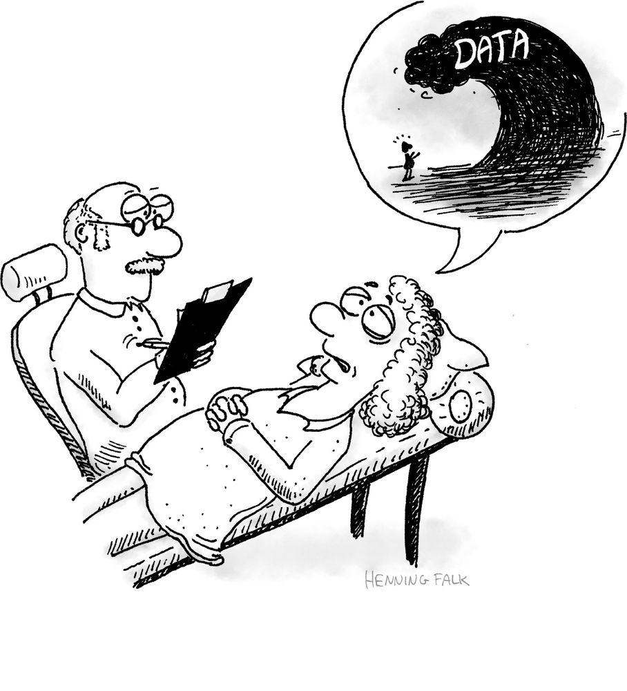 Image showing a cartoon psychiatrist with a patient on the couch with a speech bubble showing an ominous tidal wave labelled "DATA" about to crash into a person
Acknowledgement: "Kit's deluge" by Henning Falk, ©2022 NumFOCUS, is used under a CC BY 4.0 license