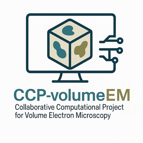 A logo of a volume EM "cube" of data on a stylised computer monitor with wires extending from the side. Text below reads "CCP-volumeEM - Collaborative Computational Project for Volume Electron Microscopy"