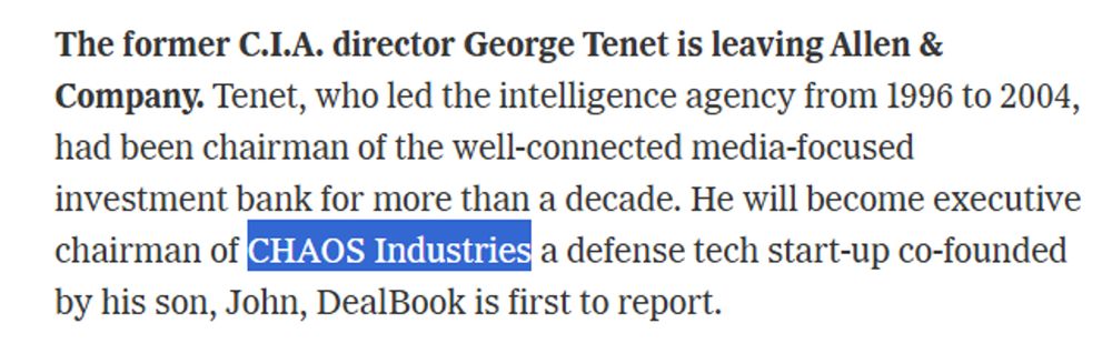 Former CIA Director George Tenet will become executive chairman of CHAOS Industries