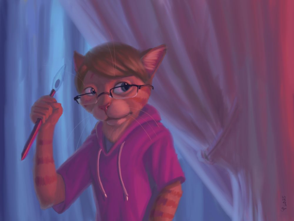 The user's cat fursona holding a bladed peacock feather in front of curtains lit from either side with blue and red light.