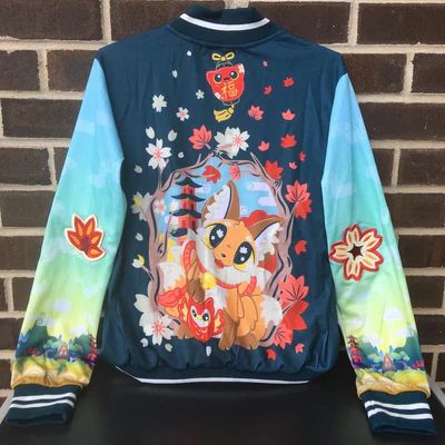 A jacket with Japanese-themed fox illustrations on it.