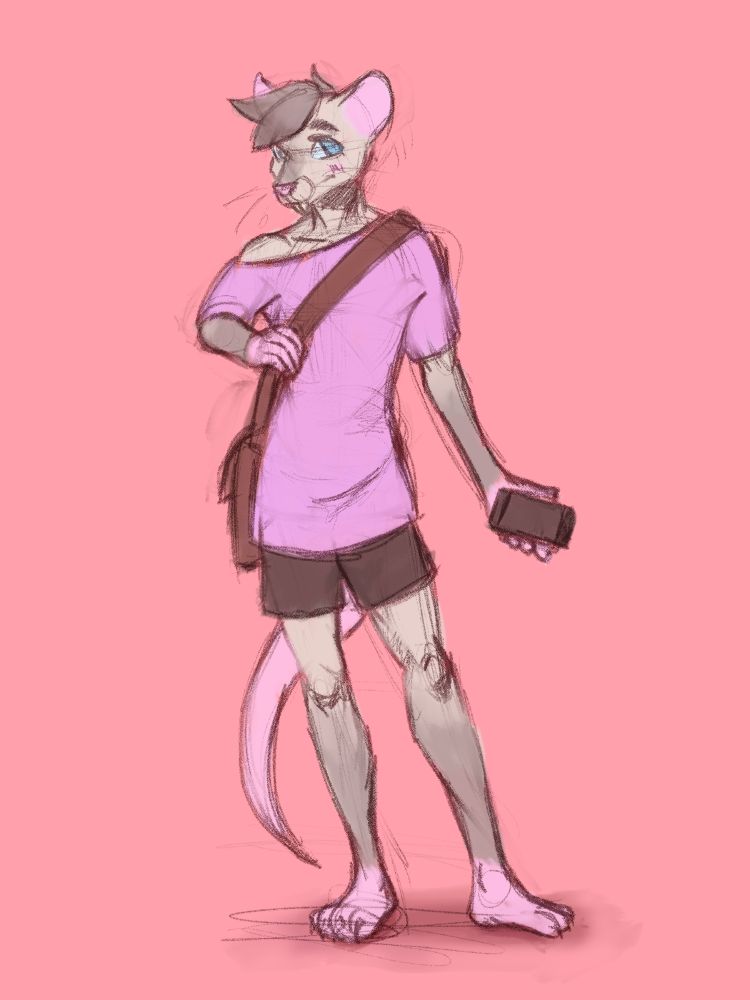 An anthro rat with brown hair and blue eyes posed contrapposto with one hand on their bag's strap and the other holding a smartphone.