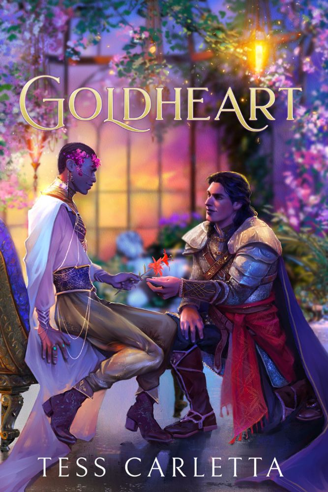Digital cover art of "Goldheart" MM romantasy by Tess Carletta. 
It features a knight guardian kneeling before a handsome dark skinned prince in an environment that reminds of a palace green house