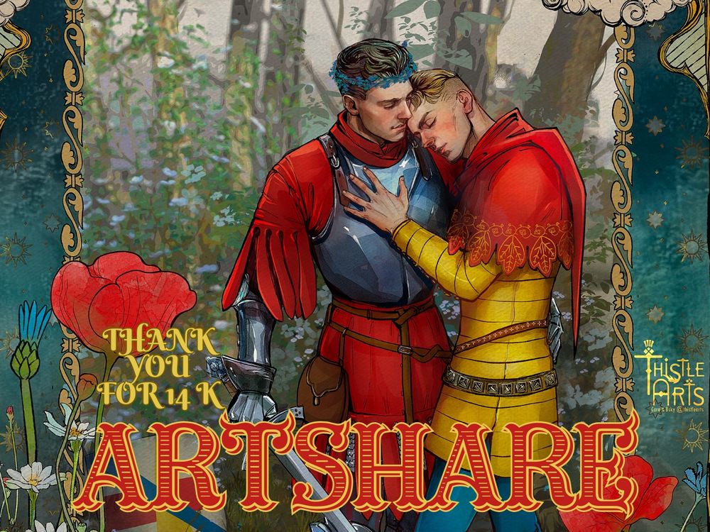 Thanks you for 14k Artshare banner.

It's the cropped piece of my Hansry artwork in medieval style. 
Has stands in Henry's embrace, with his head on Henry's shoulder. 
