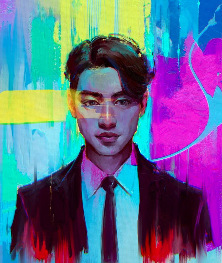 Colorful portrait of a young Asian man in a suit. The style is digital oil, expressive realism with bold colour strokes. 