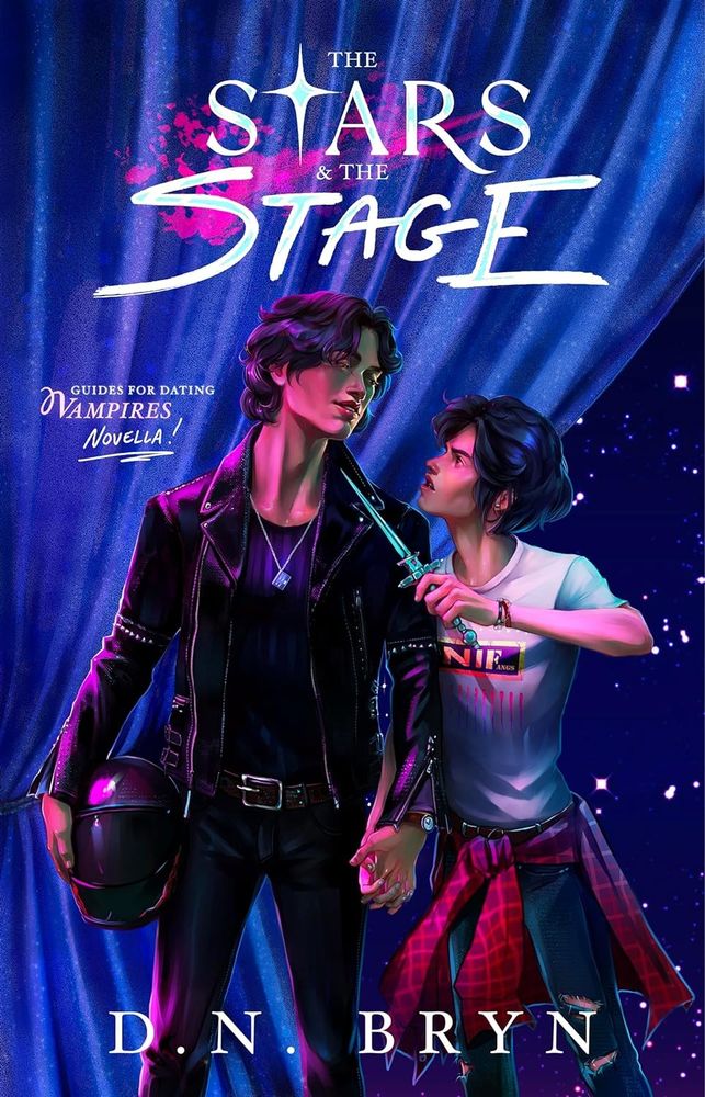 Book cover artwork for a novella by D.N. Bryn "The stars and the Stage"
It features two young men standing opposed each other with a blue sprkly theater curtain behind them opening into somewhat starry sky. 
The shorter man holds a dagger at the throat of the taller man who seems to be enjoying it somehow. 
The taller man is dressed in all black and leather and   holds a motorbike helmet in his hand. His features look asian. The shorter man wears a white t shirt, blue jeans and a chequered shirt tied around his waist. 