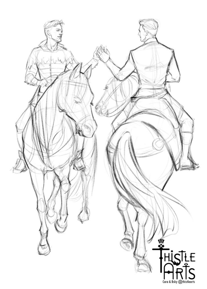 Digital pencil sketch. Henry and Hans are both  horseback. And they touch each other's palms facing each other as if they are dancing along with  their horses. 