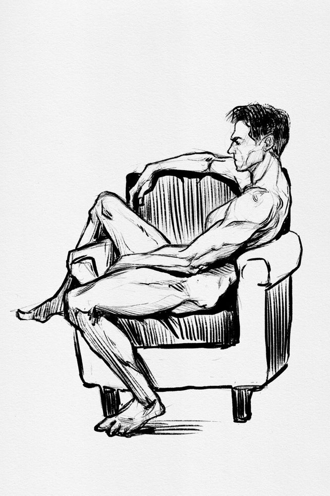 A sketch of a muscular man sitting on a chair with his leg over the handle. 