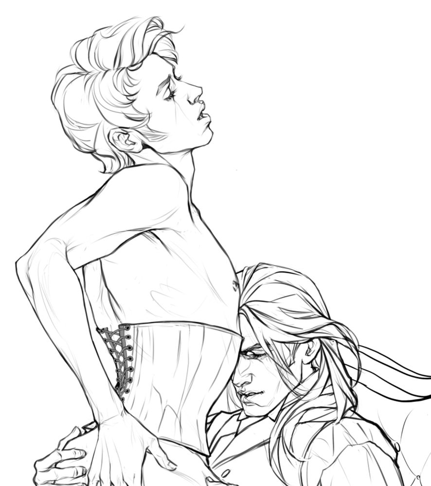 A cropped digital  sketch that shows a young man in a men's corset straddling another man  who presses his forehead towards his chest. 
it's obvious that they are making out.