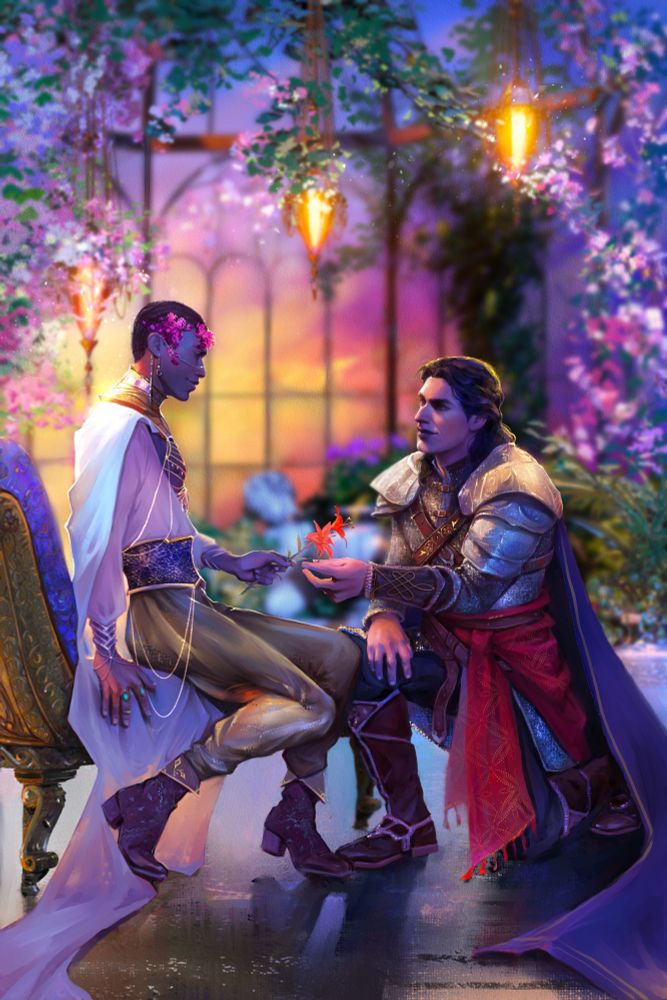 Digital book cover art for a MM romantic fantasy "Goldhear"  by Tess Carletta 
Two handsome men, one Black and one Arab, are in a beautiful greenhouse filled with flowers. The arab man is wearing full armour  and is kneeling in front of the black man who wears lavish royal clothes