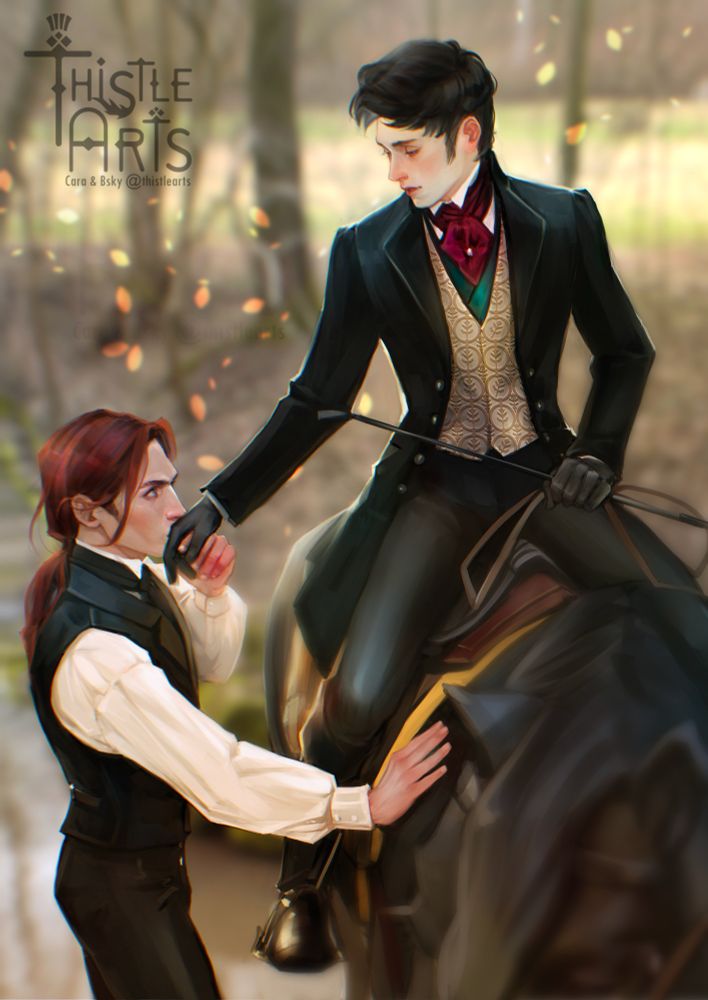 Digital artwork. A man wearing Victorian clothes kisses the hand of another man who’s sitting in a horse.