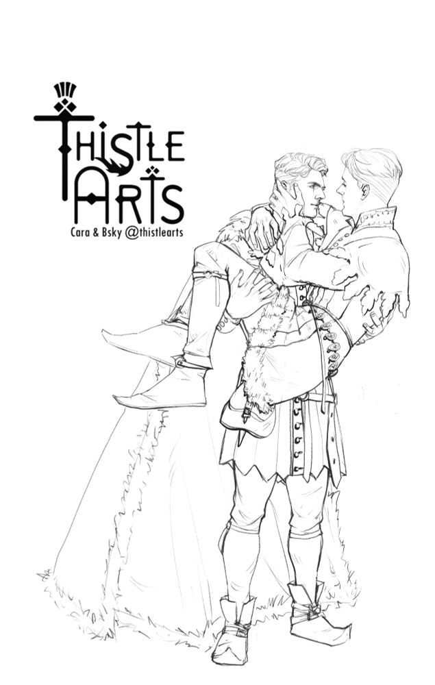 digital lineart of Hansry fanart. 
Henry holds Hans in his arms in a bridal way. 
They are both dressed in medieval  winter clothes