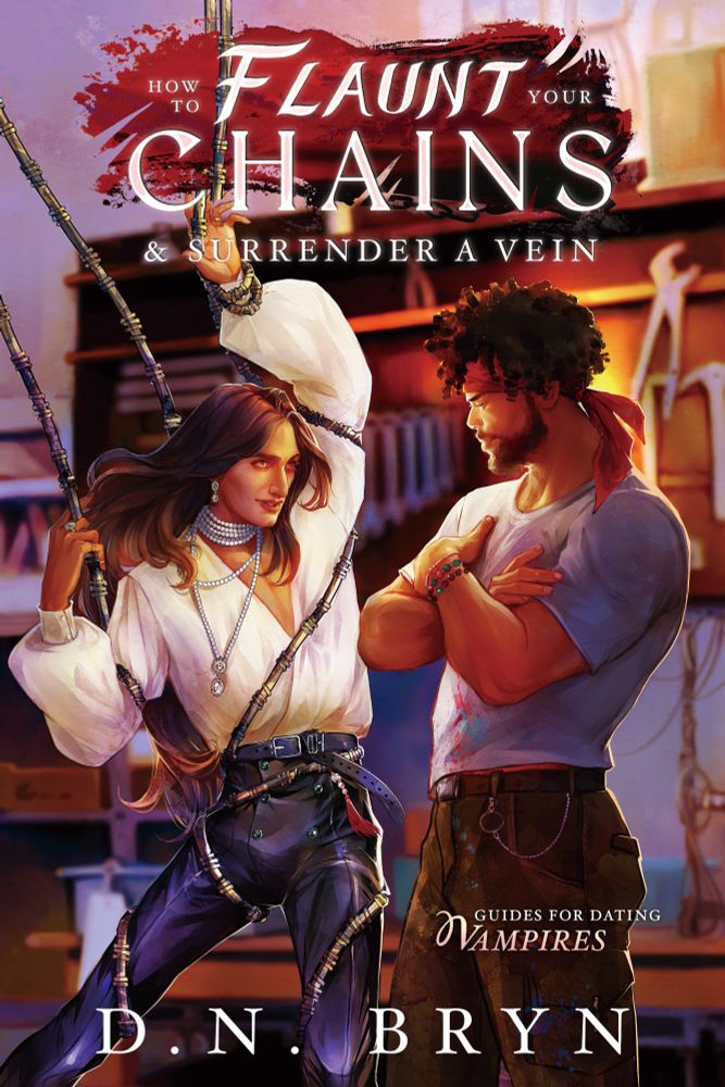 Digital cover art for MM vampire romance "How to flAUNT YOUR CHAINS AD SURRENDER A VEIN" by D. N. Bryn

One POC man, with long black hair, dressed as a modern day pirate is tied up with  magical metal cords but he seems to be flirty in this station. The man he is flirty with is a tall and muscular black man who observes him with interest