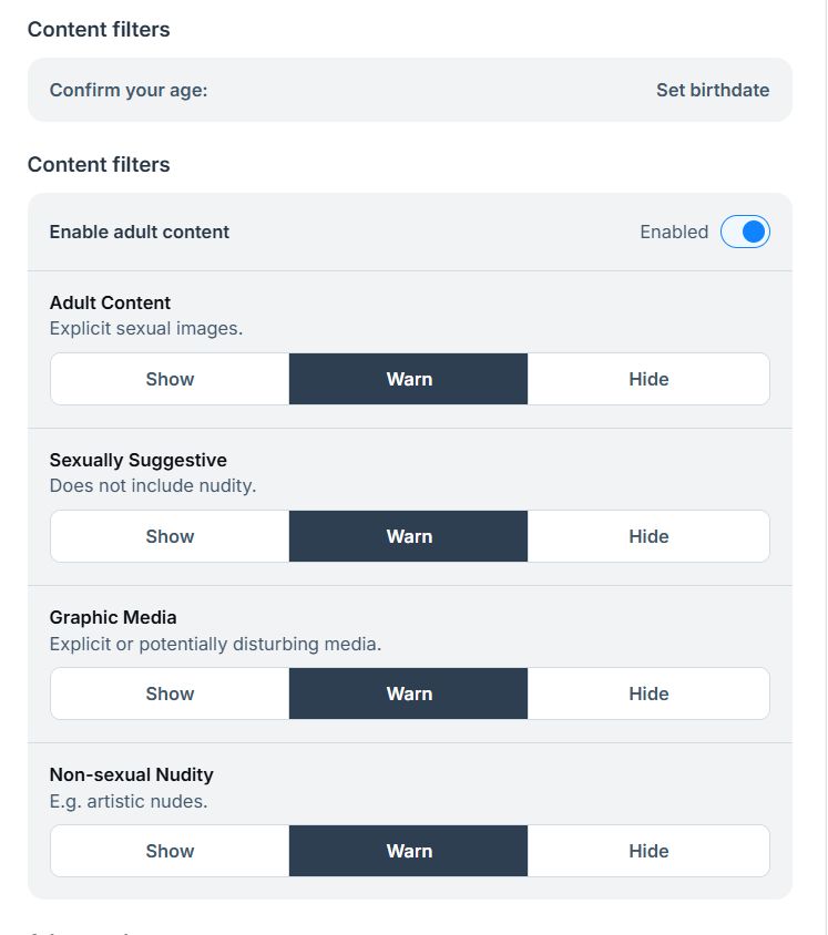 screenshot of the settings that shows the toggling of the adult content moderatiion