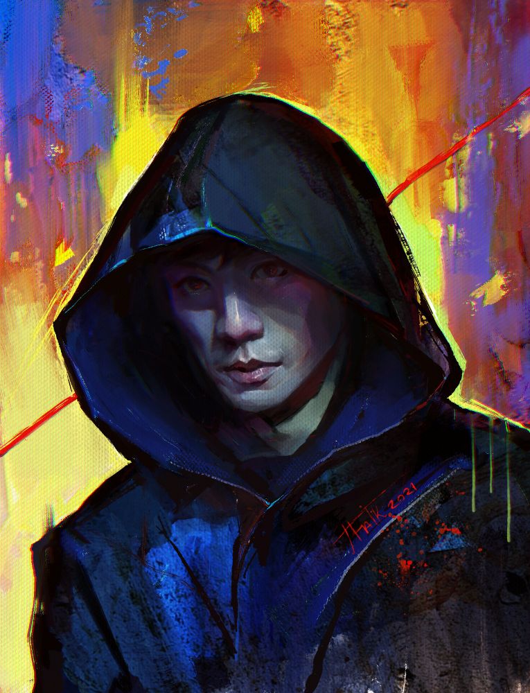 Digital potrait of Kang Yohan from The Devil Judje kdrama waring a hard hoodie and staring and the viewer intensely.