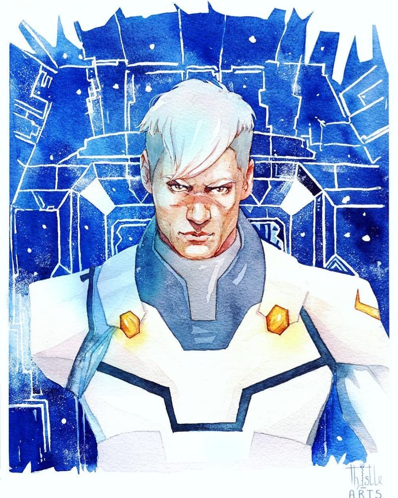 Traditional watercolour portrait of Shiro from Voltron  with white hair, a scar across his nose and a mecha suit with one arm missing. 
