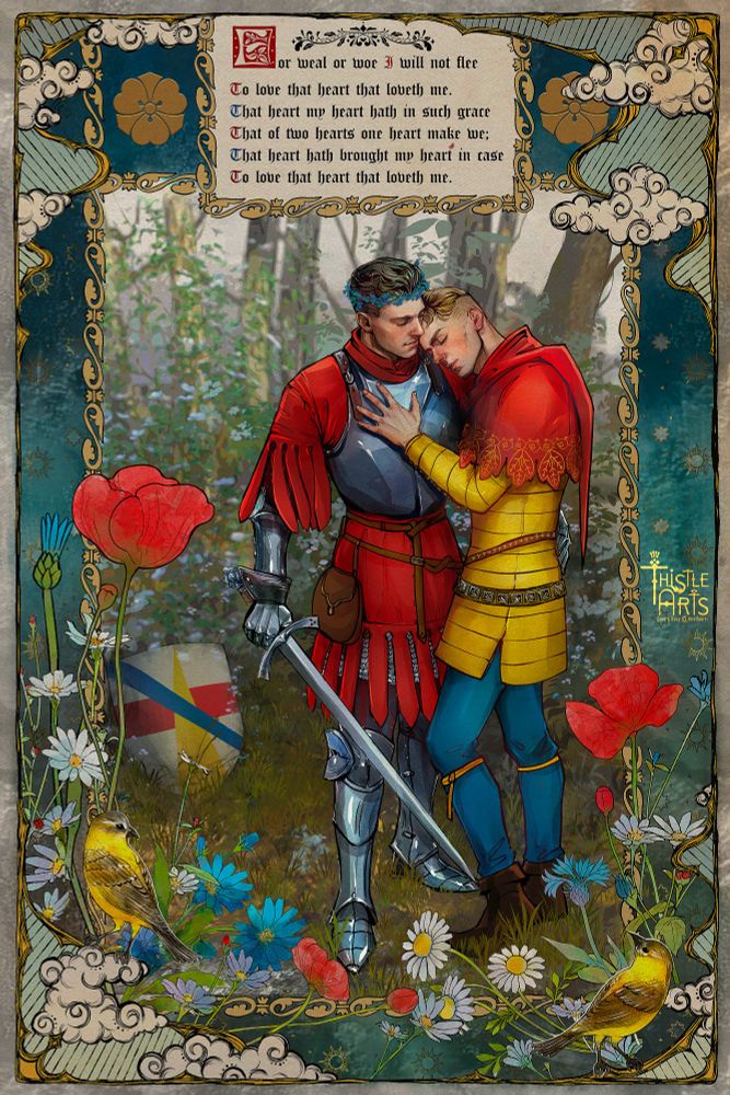 Digital artwork in the style of antique fairy tales with  detailed frame. It's Hansry fanart with Hans and Henry standing in the middle of it, Hans's head on Henry's shoulder. 
It also has a quote from a medieval love poem woven into a frame