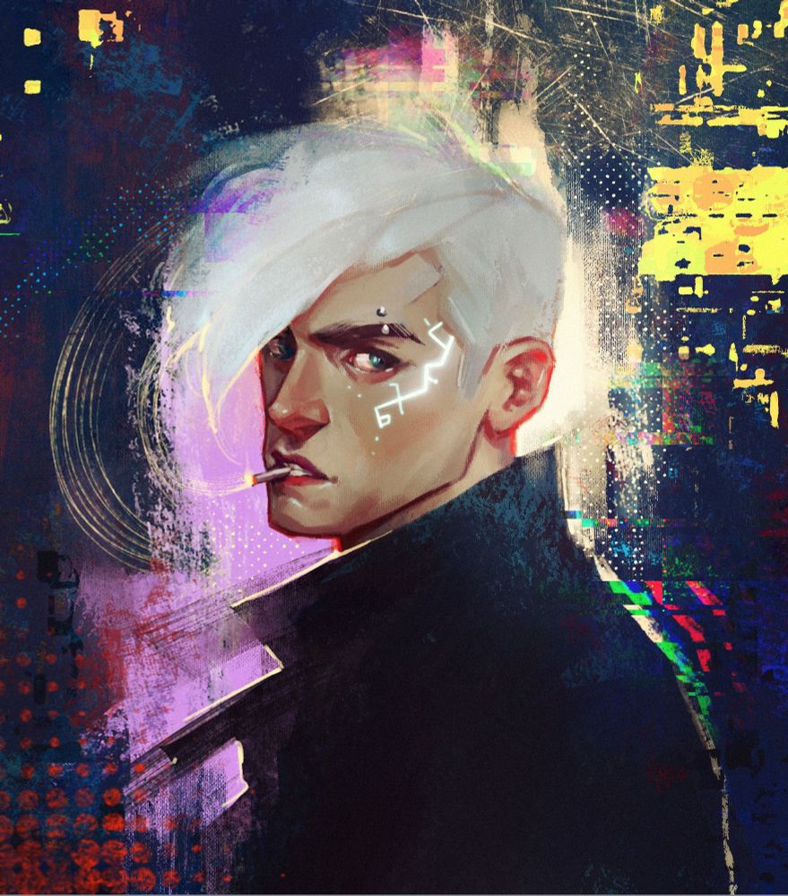 Digital artwork  in cyber punk style showing a silver blond young man with shining cyber augmentations and pierced eyebrow looking at the viewer