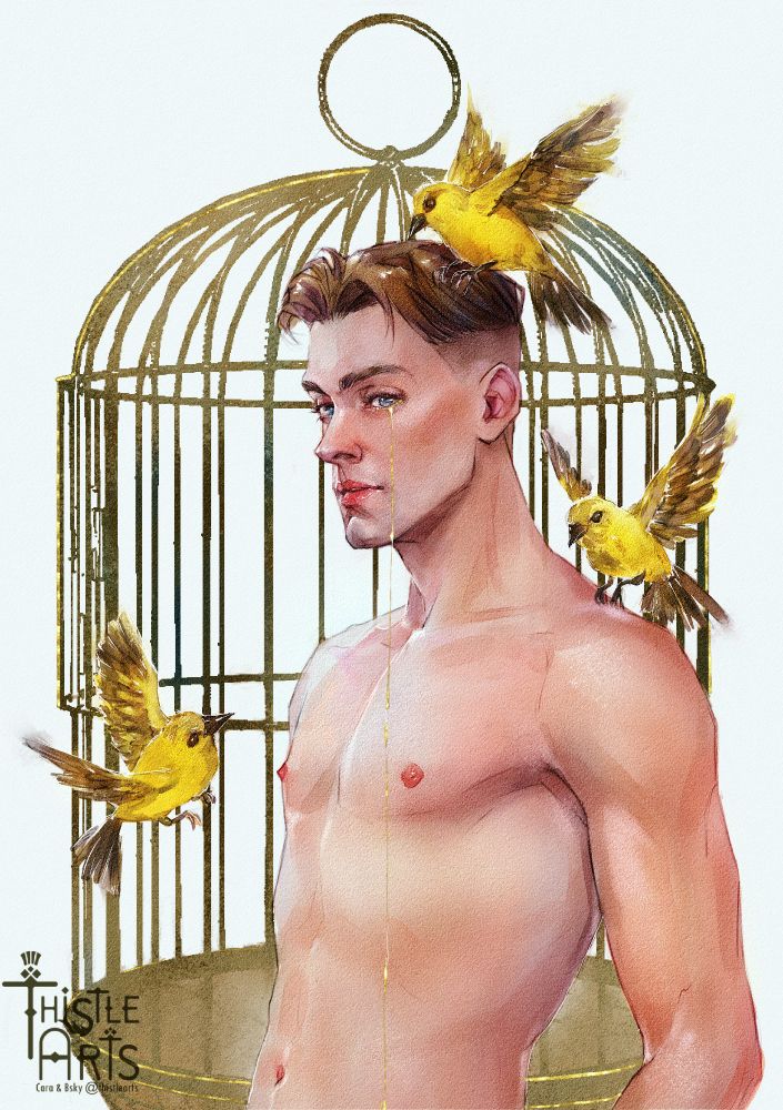 Digital watercolor portrait of Hans Capon. He stands with a naked torso. The portrait is waist length. 
There are three yellow birds flying around him and a gilded cage behind him. 
A single golden tear runs from his eye mimicking the shape of the gilded cage bars in the background