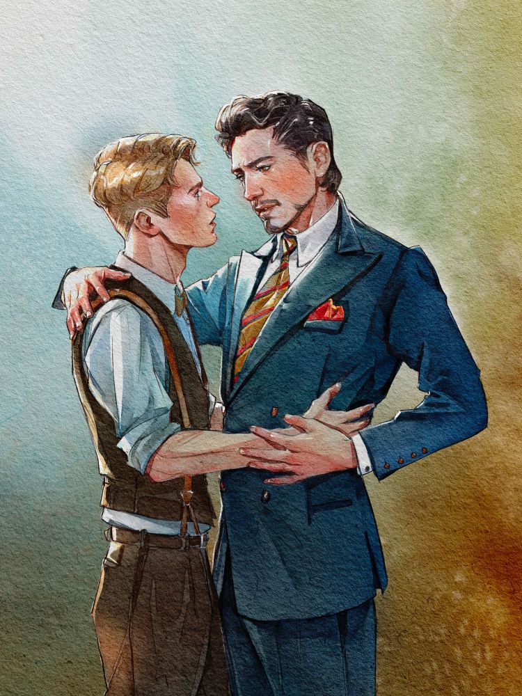 Digital watercolour illustration. Tony Stark and pre-serum Steve Rogers  hold each other in a tender embrace.