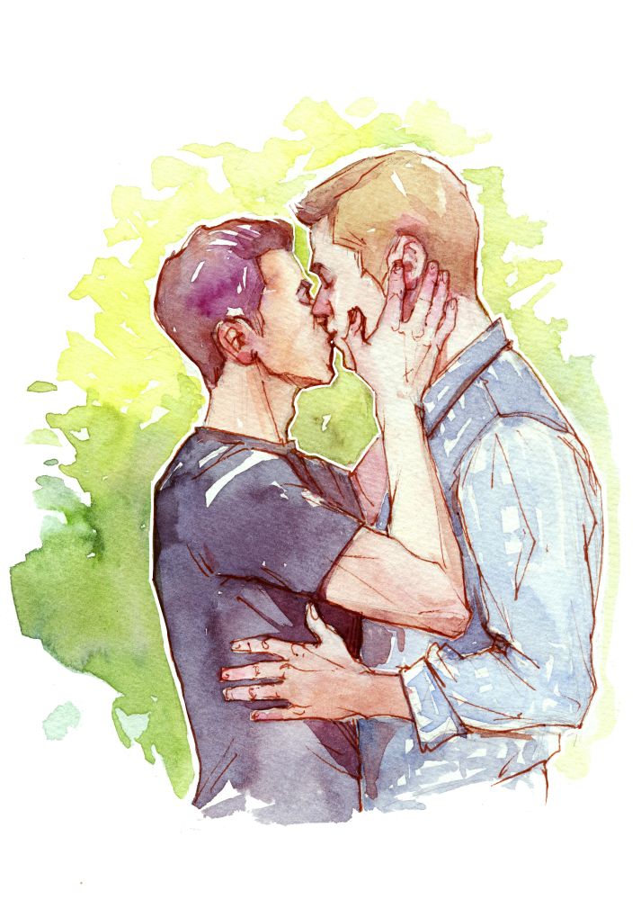 Traditional watercolor artwork.  Two men share a gentle kiss.