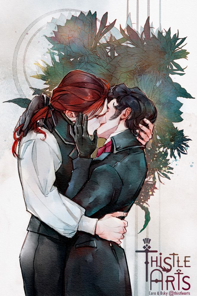 Digital watercolor. Two men wearing Victorian clothes are kissing passionately. They are encircled by watercolor flowers. 