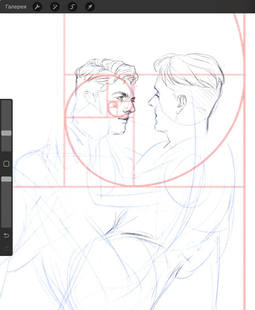 wip of hansry sketch with  hans and henry's faces fitting the golden ratio