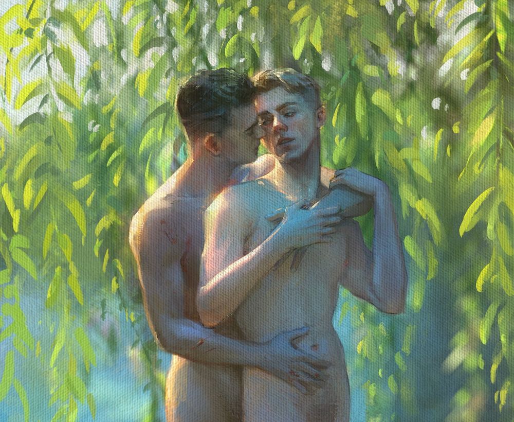 Digital oil painting, that is inspired by the style of Henry Scott Tuke. 
It's Henry and Hans from KCD2.
Henry embraces Hans gently from behind, wrapping one arm around his belly and another around his shoulder over his chest. 
Hans holds on to Henry's hand with both his hands and looks back to him. 
They both stand on a river bank under the willow tree. The lighting is a  dreamy summer day.