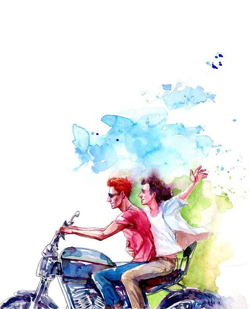 Traditional watercolour sketch. To guys ride a motorbike. The one on the back sit has his hands spread in a joyful movement. 
