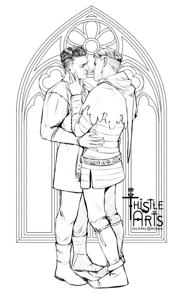 Clean lineart artwork. Henry holds Hans in a gentle embrace. They look at each other longingly and with a bit of playfulness. 
There's a gothic window behind them. 