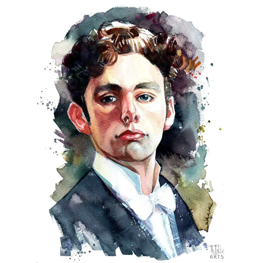 Watercolour portrait of young Michael Sheen