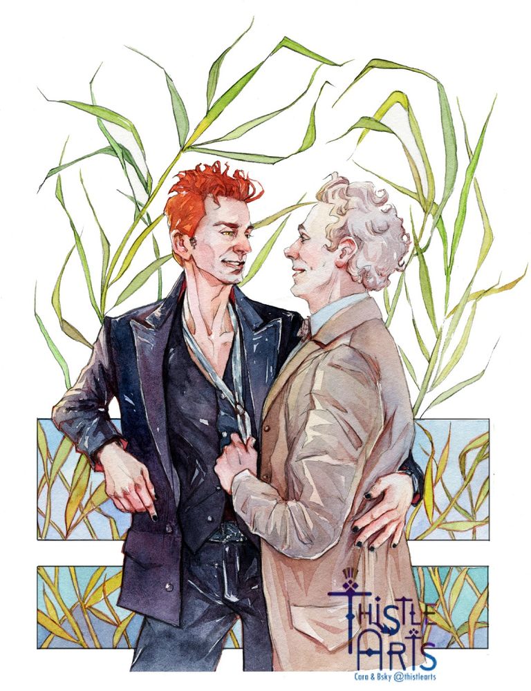 Traditional watercolour artwork. Crowley and Aziraphale from Good Omens tv-show stand close together. Crowley's hands lays on Aziraphale's waist. His nails are painted black. Azirapphale playfully holds him by the silver cravate. Behinds there are some plam trees and a  floral pattern. 